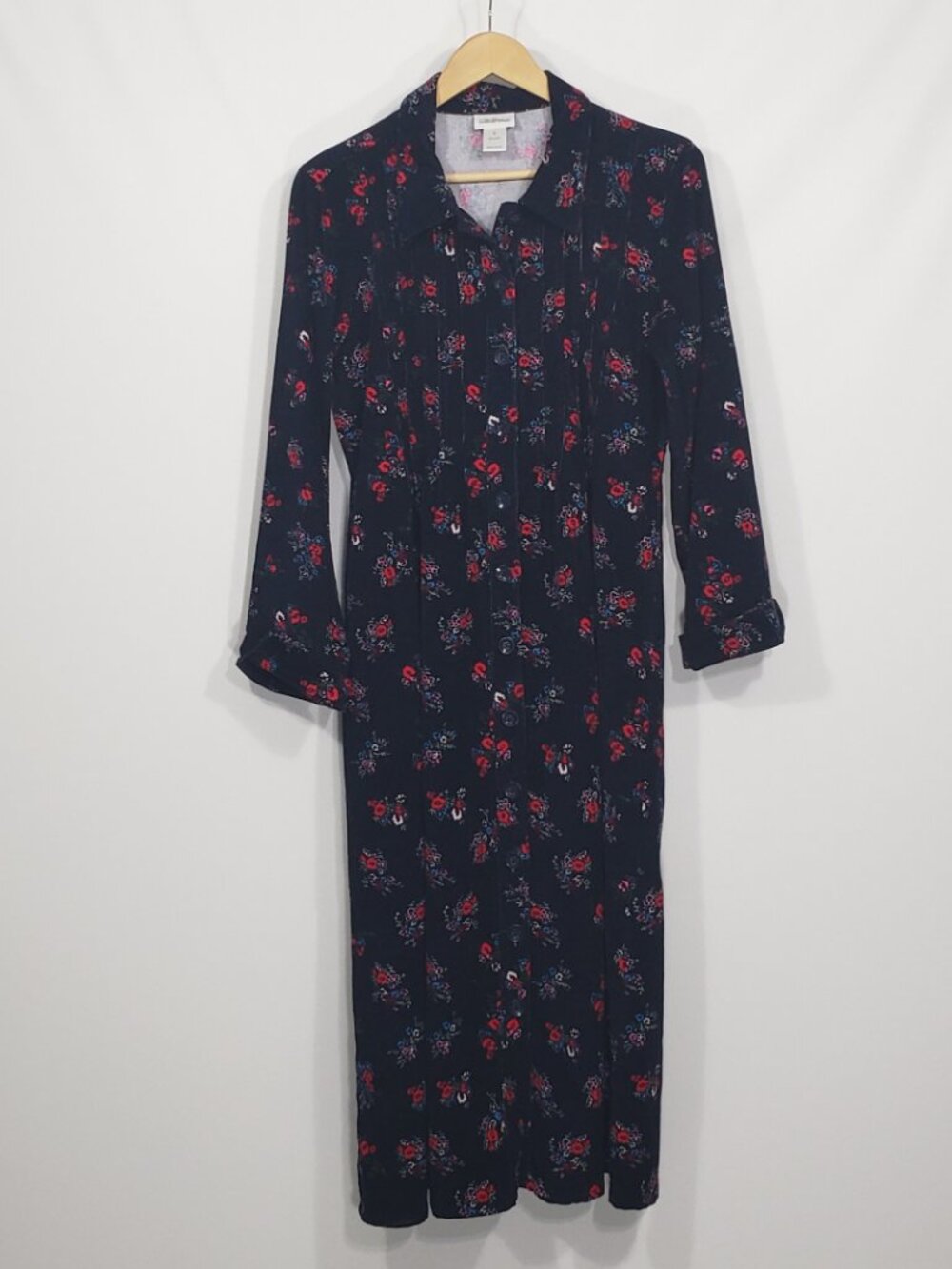 Vermont Country Store Blue Corduroy Red Floral Button Down Long Sleeve Dress
